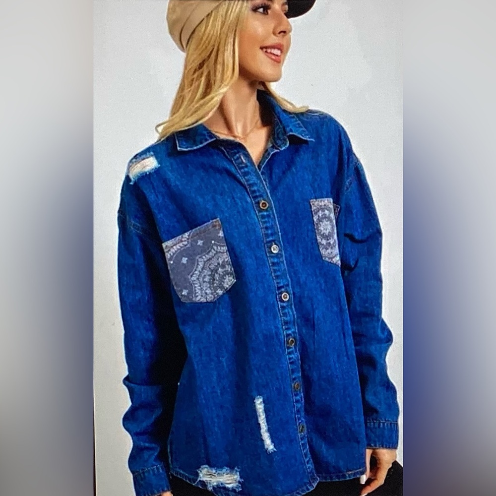 NWT Easel Blue Denim Shacket with Patterned Pockets